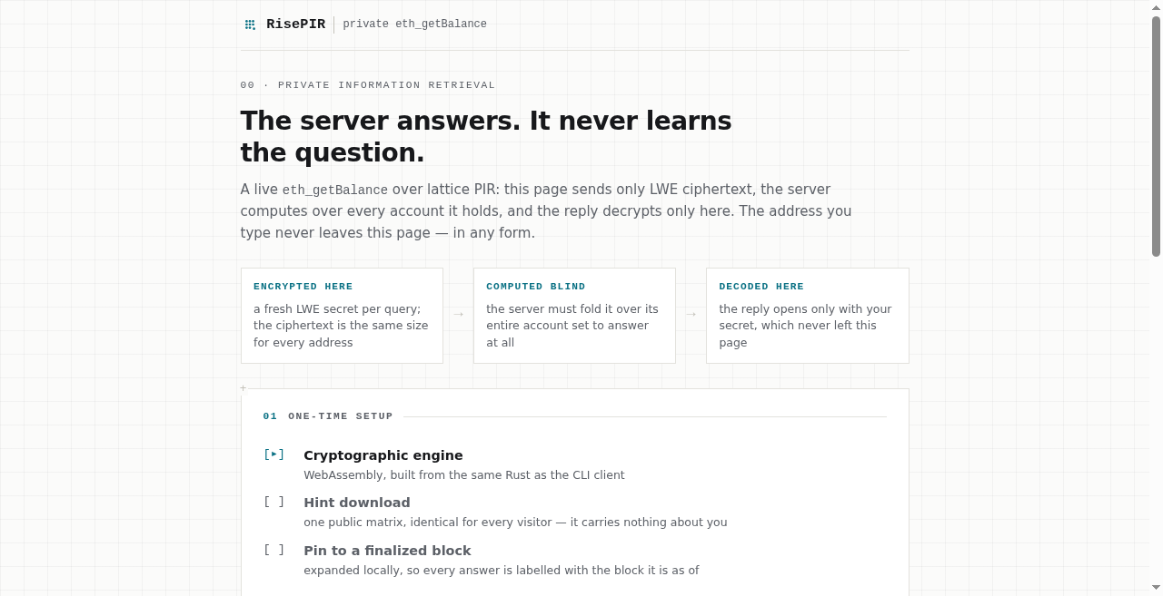 Screenshot of the RisePIR browser client on first load, working through its one-time setup checklist: cryptographic engine, hint download, and pinning to a finalized block.